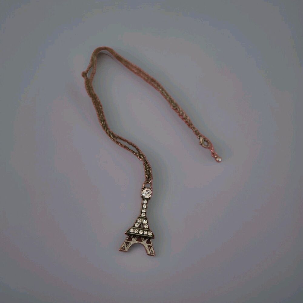 Vntg Bronze Tone Eiffel Tower Crystal Charm Pendant Necklace Cable Chain Lobster